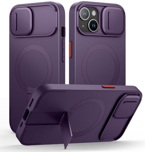 SURITCH Magnetic Case Compatible with iPhone 15, Shockproof Protective Cover with Slide Camera Cover and Adjustable Kickstand(Purple)