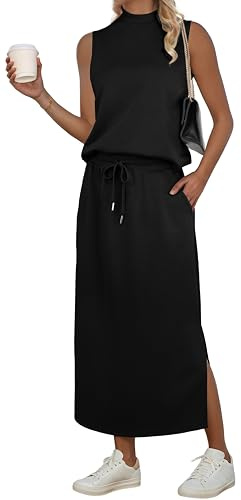 GRECERELLE Two Piece Skirt Sets for Women Summer Outfits Lounge Sets Mock Neck Tops Split Maxi Skirt Vacation Travel Outfits Black-L Classic Daily Wear Versatile Wardrobe Staple Casual Set
