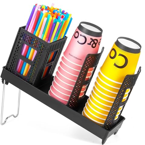 BEABOO Cup and Lid Holder, Disposable Paper Cup Dispenser with Coffee Pod Straw Storage Basket, Countertop Coffee Cup Holder for Coffee Stations, Bars, Break Rooms, Living Rooms, Parties (Black)