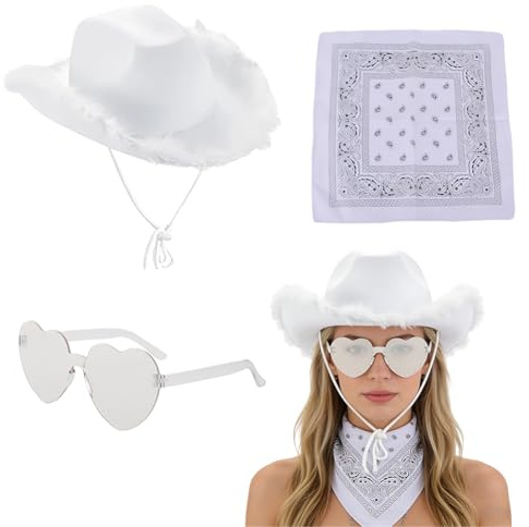 KDFSSIPE Chapeau de Cowboy Western pour Filles, Chapeau de Cowboy Occidental Plumes, Cowboy Western pour Femme, Convient pour les Fêtes Entre Célibataires Carnavals d'Halloween - 3PCS (Blanc)