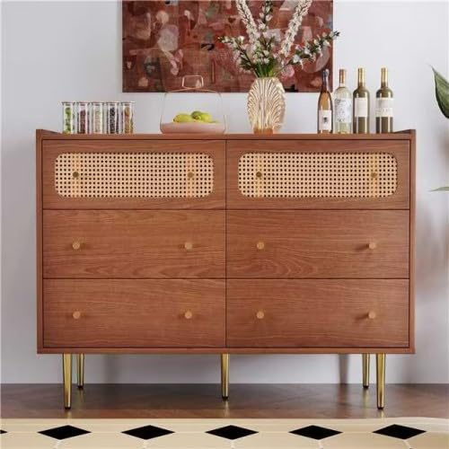 Merax Sideboard im Vintage-Look aus Walnussholz – Kommode mit 6 Schubladen, Rattanabdeckungen und 20 cm Metallfüßen – Für Wohnzimmer, Schlafzimmer und Flur