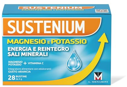 Sustenium Magnesio e Potassio - Integratore alimentare per reintegrare i Sali minerali e recuperare l’energia perduta, con Vitamina C. Confezione da 28 bustine autosolubili