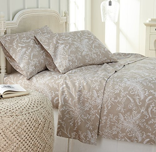 Southshore Fine Living, Inc. Winter Brush, 15 Inch Beige Floral Sheets Queen, 4-Piece Floral Sheet Set, Deep Pocket Sheets, Printed Queen Sheet Set, Warm Sand, White Flowers