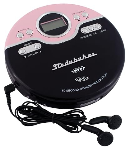 Studebaker SB3703PBB Retro Joggable Personal CD Player with FM Radio, Pink, SB3703PBB CD Player, User Manual, Stereo Headphones, 3.5mm Jack