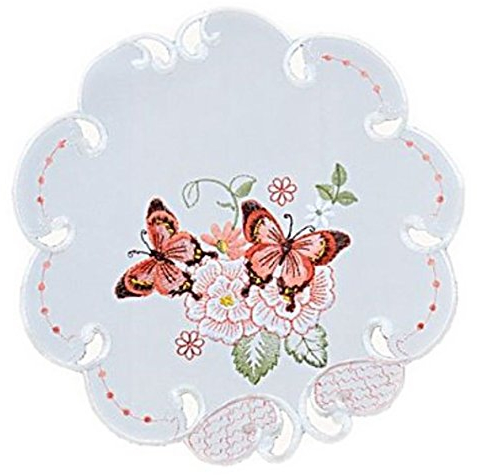 Raebel OHG Tischdecke 30 cm Rund Sekt Schmetterlinge Rot Bunt Gestickt Deckchen Frühling Sommer (30 cm)