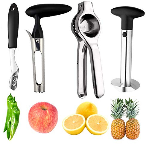 Pineapple Corer Peeler Slicer Cutter, Lemon Press Squeezer Manual Juicer, Apple Corer Remover and Jalapeno Pepper Corer Remover, yamesu 4-piece Set Bundle Kitchen Gadget Tools