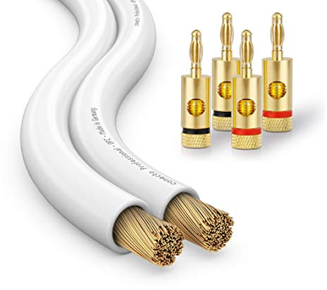 conecto CC50540 OFC Professional Audio Lautsprecherkabel, Querschnitt 2x2,50mm² (99,9% OFC Vollkupfer 78x0,20mm Litze), 15,0m, weiß, Set inkl. 4 Bananenstecker
