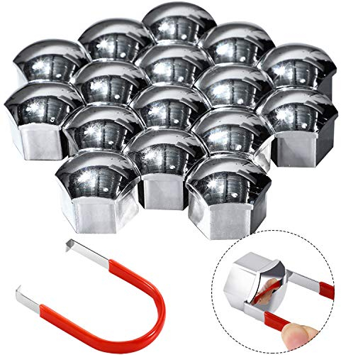 Bememo 20 Pezzi Tappo a Vite Ruota Universale Copridadi per Pneumatici con Strumento di Rimozione Set per Automobili (Argento, 17 mm)