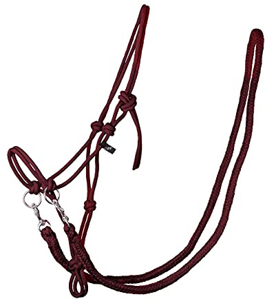 QHP Knotenhalfter mit Zügeln robustes 10 mm dickes Seil (Warmblut, Bordeauxrot)