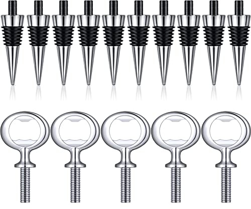 10 Stück Metall Weinstopfen und 5 Stück blanko Edelstahl Flaschenöffner Chrom Flaschenöffner Einsätze Set Hardware für Hochzeit Wein Party Holz Drehen DIY Projekt Handwerk (Silber)