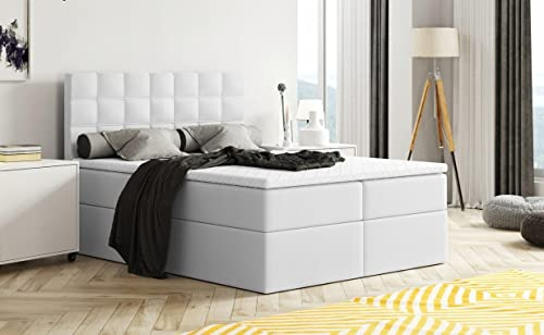 Generisch Boxspringbett MERA mit Bettkasten und Topper, Bonellfederkern Matratze H3, Doppelbett mit Stauraum, Polsterbett Schlafzimmer (Weiß - Madryt 120, 140 x 200)