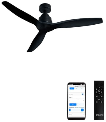 CREATE / WINDSTYLANCE NATURAL WOOD/Deckenventilator Schwarz mit WLAN und Fernbedienung / 40W, Leise, Ø132 cm, 6 Geschwindigkeiten, Timer, Sommer-Winterbetrieb, doppelte Höhe, DC-Motor