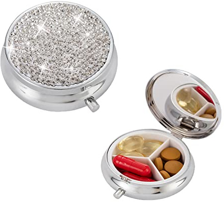 iHMeiju Pillenbox, 3 Fächer, Medizin Pillendose, Bling Kristall Strass Wasserdicht Tasche Organizer für Vitamin/Fischöle/Nahrungsergänzungsmittel (Silber)