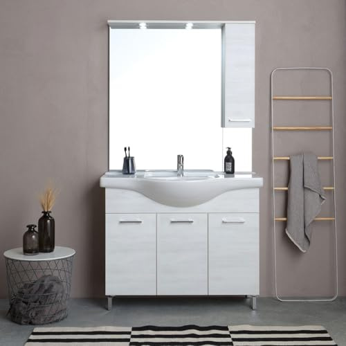 KIAMAMI VALENTINA Breites 106 cm Badmöbelset mit Türen und Füßen, Waschbecken, Spiegel mit Hängeschrank und LED | Rimini