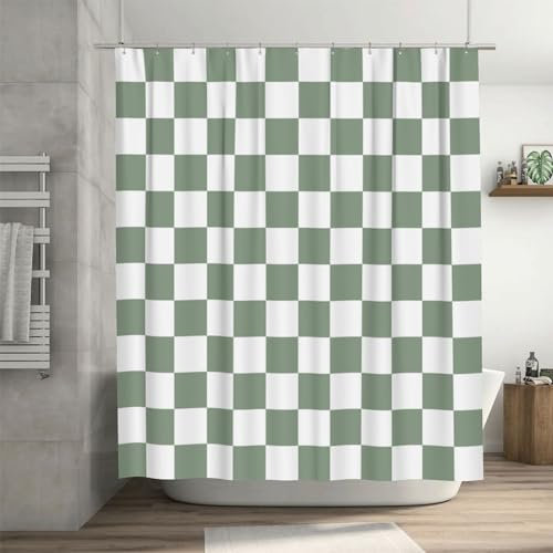 Ohocut Checkered Shower Curtain, Sage Green Shower Curtains for Bathroom, Cute Retro Checkerboard Vintage Aesthetic, Machine Washable Fabric Bath Curtain, 180x180cm