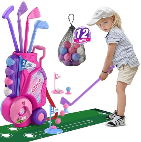 HYES Toddler Golf Set 2-4 Years, Upgraded Kids Plastic Golf Clubs with 12 Balls, Putting Mat, Shoulder Strap, Indoor Outdoor Game Sport Toys Gift for Baby Boys Girls Aged 3-5, Pink