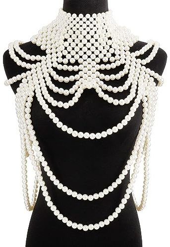 Hrippy Mode Schulter Halskette Perle Körperkette Multi -Layered Simuliertes Perlenketten - - Für Kostümparty -tanzkleid