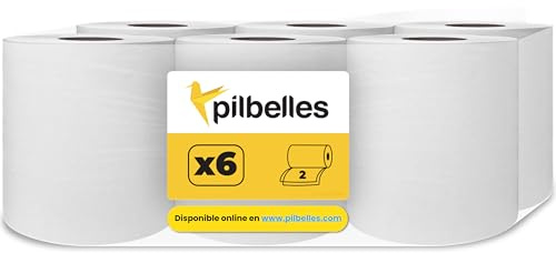 PILBELLES 6 Bobines Dévidage Central Essuie-Tout | Rouleaux Papier 2 Plis Blanc | 100 m/rouleau