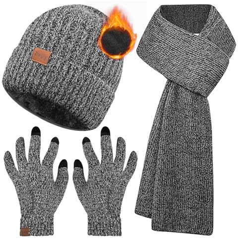 Ziwijity Schal Mütze und Touchscreen Handschuhe Set Für Herren Damen，Winter 3 In 1 Mütze Schals Handschuh Beanie Strickmütze Verdickte Und Weiche Wolle