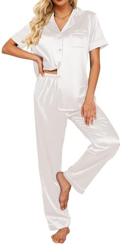 Ekouaer Schlafanzug Seide Damen Lang Pjs Sets Kurzarm Satin Pyjama Damen Nachtwäsche, Weiß, XL