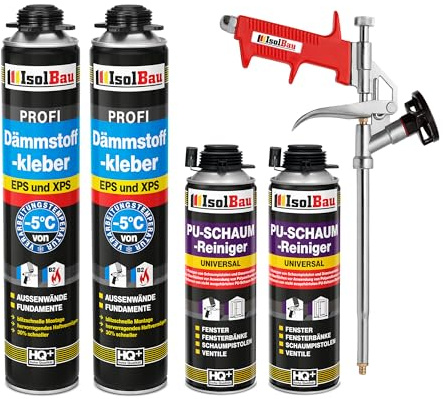 Isolbau B2 Dämmstoffkleber SET - 2 x 750 ml Perimeterkleber, 2 x PU-Schaum-Reiniger & 1x Schaumpistole für EPS & XPS-Platten - 1K PU-Klebeschaum für Dämmung und Isolieren
