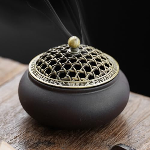 Vintage Keramik Räuchergefäß Weihrauchbrenner Räucherstäbchenhalter Halter Rund Chinesisch Porzellan Räucherschale mit Metall Deckel und Feuerfeste für Home Wohnzimmer Meditationsraum Office Deko