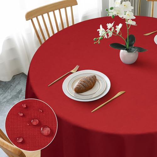 AooHome Tischdecke Rund 120cm, Rot Leinen-Optik Tischdecken Abwaschbar Tischtuch aus Polyester Wasserabweisend mit Lotuseffekt, Dauerhaft Kratzfest für Wohnzimmer, Esszimmer, Balkon, Garten