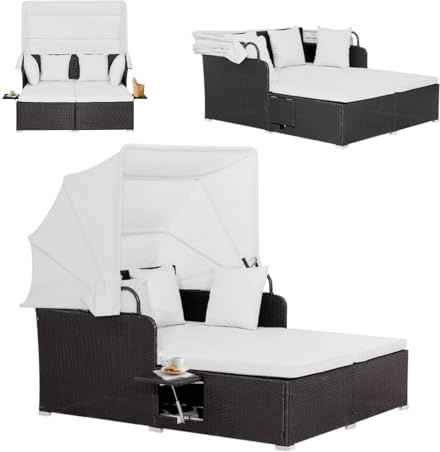 GYMAX Rattan Lounge mit einziehbarem Sonnendach, Rattan Sonnenliege mit Sitz- & Rückenkissen, Gartenliege mit klappbaren Seitenablagen, Terrassenmöbel, Gartensofa für Hof & Veranda (Weiß)