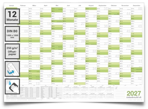 Kalenderoutlet Wandkalender 2027 DIN B0 feucht abwischbarer Jahresplaner | XXL groß gerollt, 140,0 x 100,0cm, Wandplaner 2027, deutsche Sprache