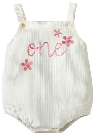 FYMNSI Baby Girls 1st First Birthday Smash Cake Outfit Corduroy Bubble Romper One Year Old Party Photo Shooting Button Strap Bodysuit Bib Overall One-piece Jumpsuit Playsuit White 6-12 Months