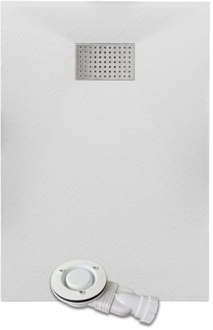 Thermopanel SMC White Shower Trays Base Slate Stone Effect Textured Non Slip with Low Profile Waste and Stainless Steel Cover - 1200 x 700mm