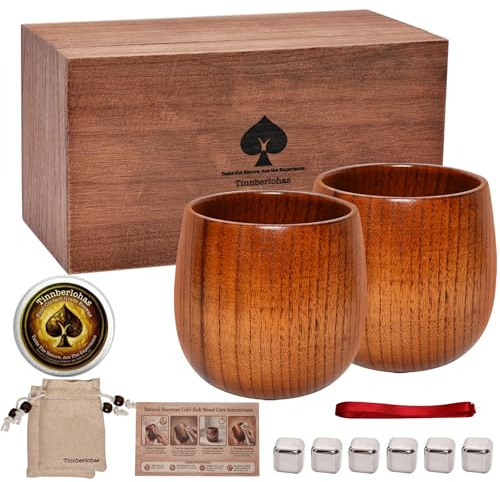 Tinnberlohas Wooden Whiskey Glass Gift Set of 2 with Wood Gift Box | Durable & Insulated Bourbon Glass for Birthday, Christmas, Father's Day - Ideal Whisky Gift for Men, Dad, Husband, Brother