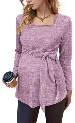 hohololo mammatröja dam långärmad gravid topp dam tunika stickad graviditetströja, Violett1, XL