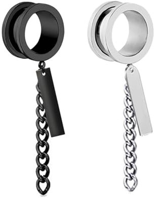 Tolldek 6mm Tunnel Earrings 2pcs, Rund mit Kette Rechteck Anhänger Plug Flesh Tunnel, Edelstahl Silber Schwarz Ohrringe Rock für Frauen Körper-Piercing Schmuck