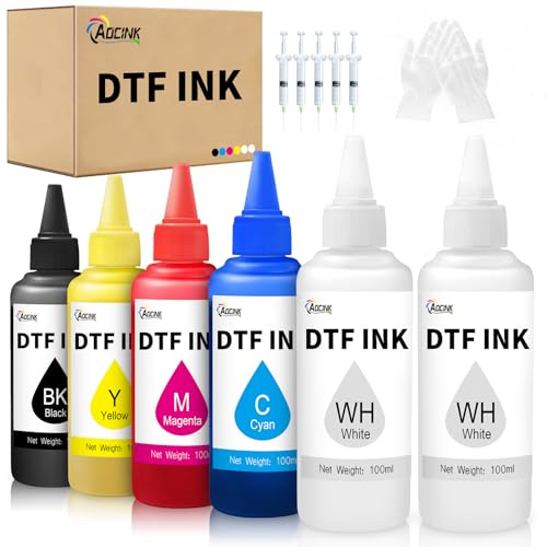 AOCAIINK DTF-bläck 600 ml sedimentfri, premium DTF-skrivarbläck, 6 x 100 ml påfyllning för Epson ET-8550 XP15000 L1800, R1390 R2400, DTF-överföringsbläck för PET-film (100 ml x 6, 2 Wh+CMYK)