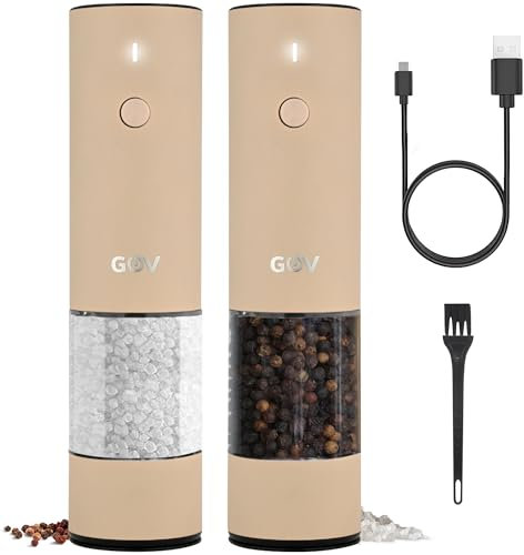 GOV Salz und Pfeffermühle Elektrisch 2er Set - USB-C Wiederaufladbar - 75 ml Beige Edition - Stilvolles Edelstahldesign