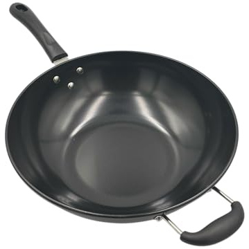 Hilltop Supplies Wok 32cm, Black Carbon Steel, Stir-Fry Pan, Non Stick, Suitable for Induction, Gas, Ceramic and Electric Hobs, Large Capacity
