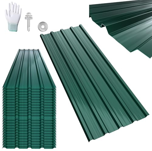 ACXIN 24 Stück Profilblech Trapezblech 129,5x45 cm = 14 m² Verzinkt Wellplatten, Dachblech Verzinkter Stahl für Gartenhaus Carport, mit Schrauben + Montagehandschuhe, Grün