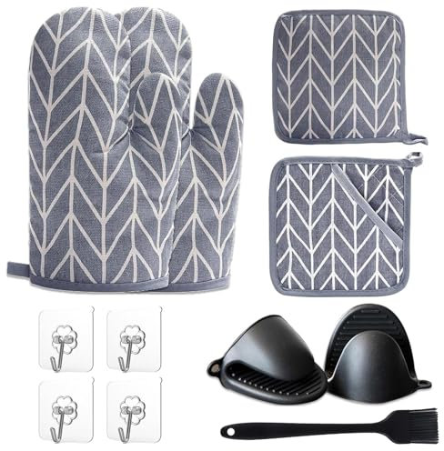 2 guanti da forno in cotone, 2 presine, 2 mini guanti da forno in silicone, spazzola in silicone e 4 ganci, resistenti al calore [fino a 180°C/356°F] guanti da cucina, set di presine per cottura