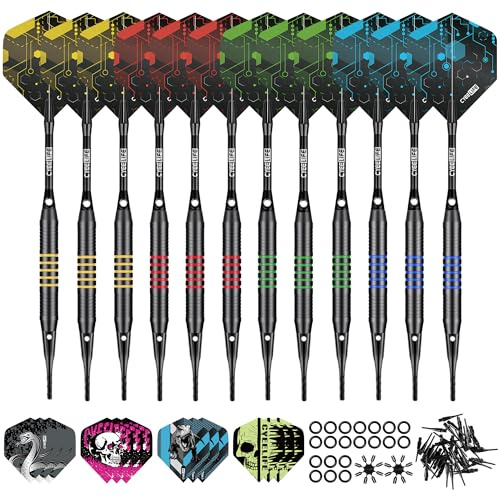 CyeeLife Flechette Pointe Plastique,12 Fléchettes avec 24 Ailettes et 50 Pointes Flechette Plastique,Set de Flechettes à Pointe Souple pour Cibles Électroniques