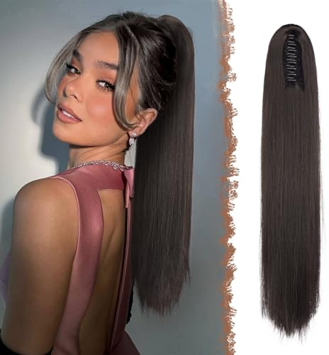 FESHFEN Coletas Postizas con Pinza - Coleta Postiza Pelo Natural Lisa Larga Ponytail Clip de Extensiones de Cabello Marrón Oscuro Sintético Cola Postizos para Mujeres, 63 cm
