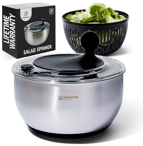 Nestware Kitchen Stainless Steel Salad Spinner, Lettuce, Vegetable & Fruit Dryer, 5L Capacity, Non-Slip Base (304 Stainless Steel - Black)