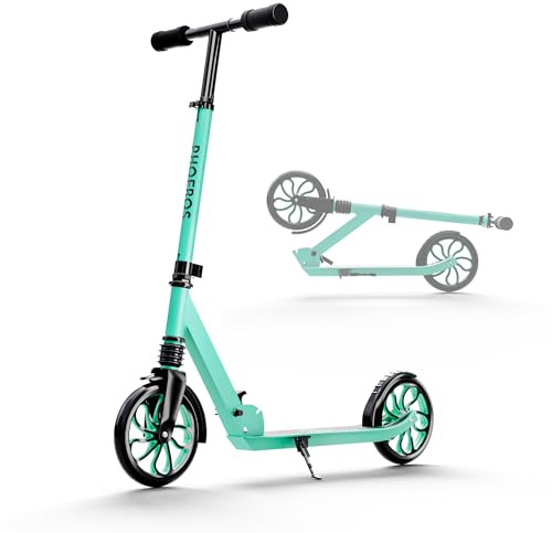 PHOEROS Patinete Plegable para Niños 6-12 Años, Adolescentes y Adultos - con Amortiguación, Ruedas Grandes 120mm, 3 Alturas Ajustables y Ligero de Aluminio (Aquas)