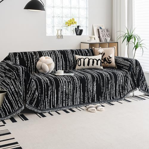 WEYOND Chenille Sofa Überzug, Sofabezug, Sofa Cover, 180 x 300 cm, Schwarz | Chenille Couch Überwurf, Waschbar Sofa Überwurfdecke, Sofaschoner Hund & Sofaschutz Katze, Sofahusse mit Quasten