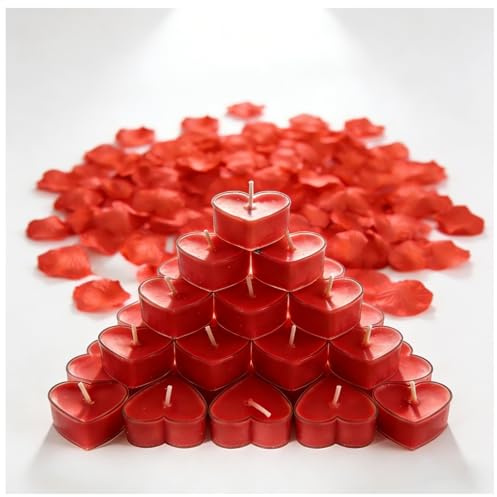 msymsyu 27 Stück Teelichter Rot, Herzförmige Teelichter 4x1.5cm | Transparente Hülle, Teelichter Rot Ohne Duft Mit 500 Stück Rosenblätter Valentinstag Herzen Deko für Valentinstag Hochzeiten