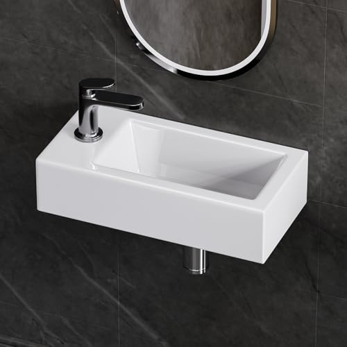Yorbay Hängend Klein Keramik Waschbecken: Eckig Wandmontage Wandwaschbecken mit Linkem Wasserhahnbohrung - Weiß Waschtisch für Badezimmer ohne Armatur