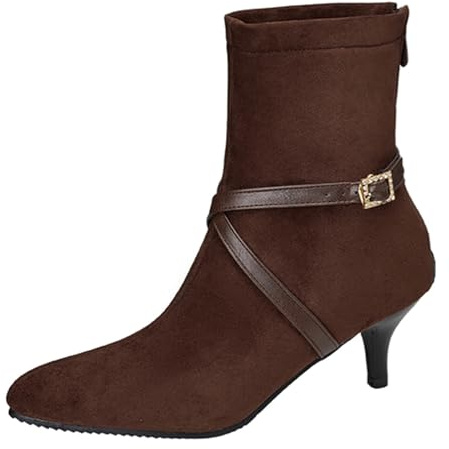Cocey Botines para mujer con punta puntiaguda, tacón de aguja de 6 cm y hebilla para oficina, fiesta, uso diario, aspecto de terciopelo, marrón, 35 EU