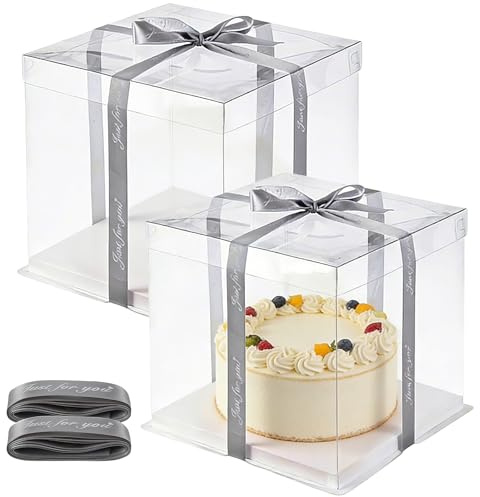 Zorplex 2 Scatole Trasparenti per Torta da 10 pollici, 26 x 26 x 25 cm, Scatole Regalo con Base e Nastro, Confezioni di Dolci, Ideali per Matrimonio, Compleanno, Imballaggio da Forno di Dessert (26)
