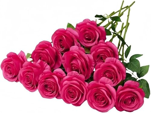 YGHSZ Fuchsia Artificial Silk Roses, 50 cm Long Stem Realistic Fake Flowers for Wedding Bouquet, Bridal Centrepiece, Home Party & Hotel Table Decoration