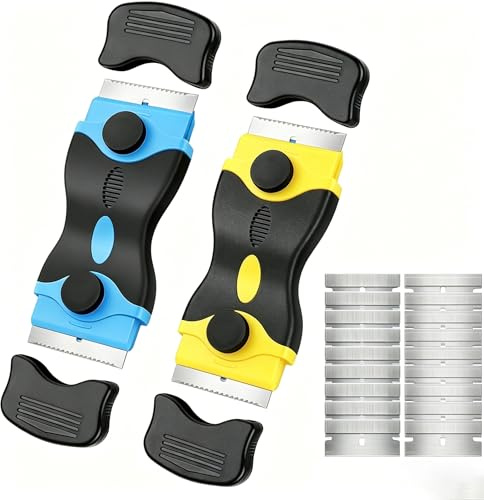 2-Pack 2-in-1 Razor Blade Scraper Multi-Surface Adhesive Remover Tool with Safety Cap Ergonomic Handle Blue and Yellow